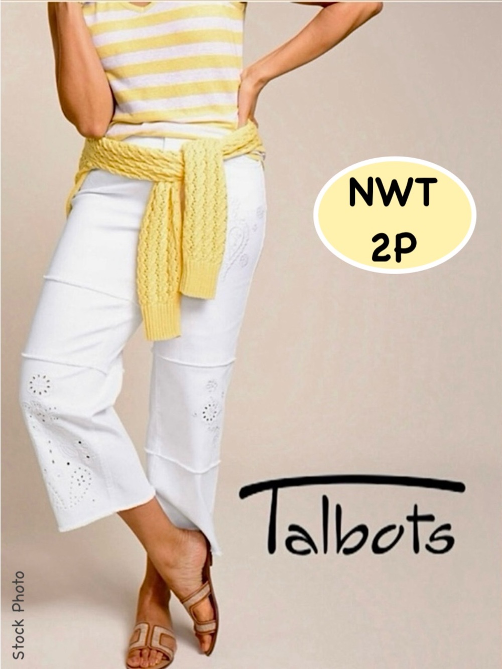NWT TALBOTS PIECED EMBROIDERED WIDE LEG CROP JEANS WHITE (2P)